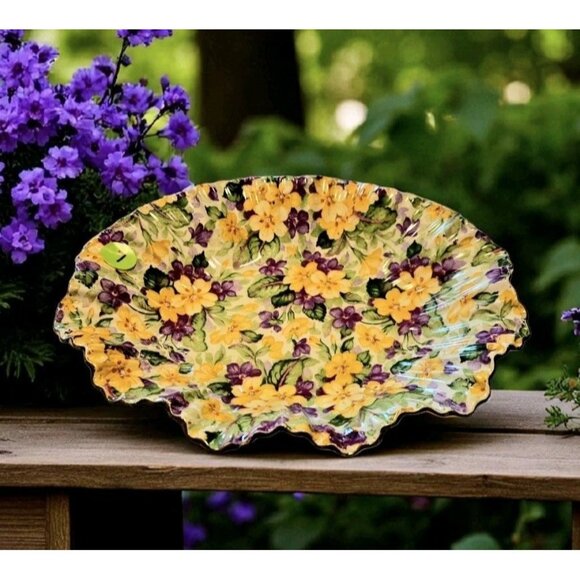 Antique James Kent Primula Purple Yellow Chintz Serving Tray, Candy Dish - Picture 1 of 6